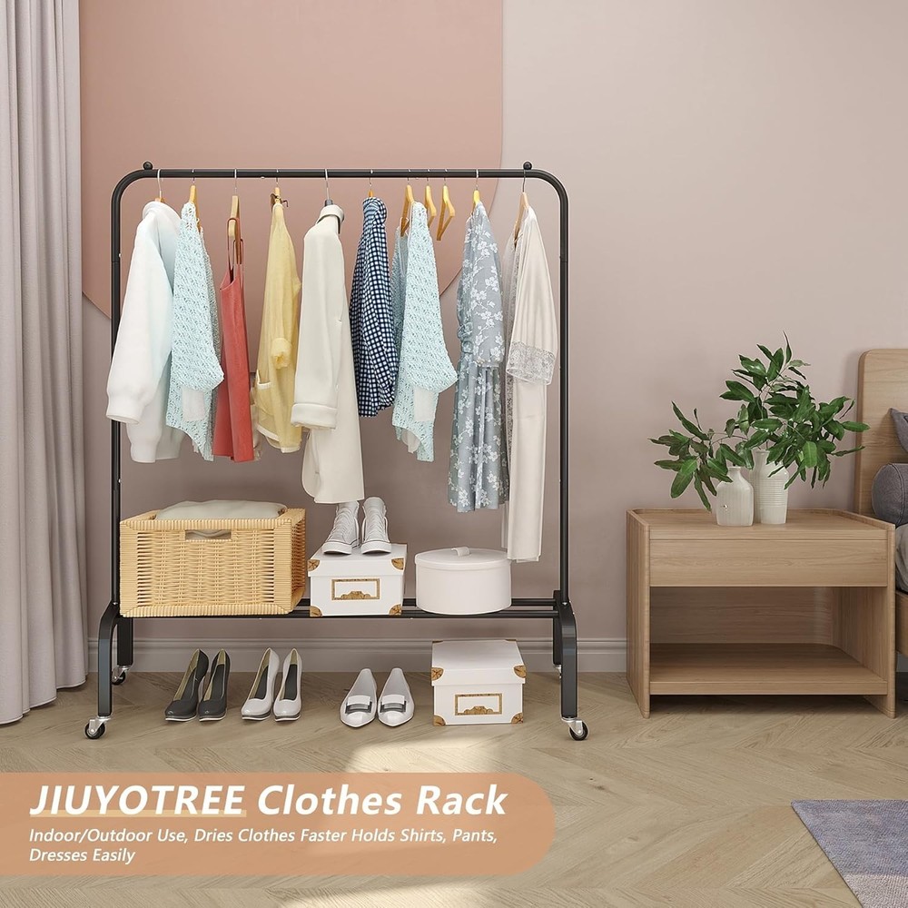 Versatile Black 61” Rolling Clothes Rack with Lockable Wheels and Shelf
