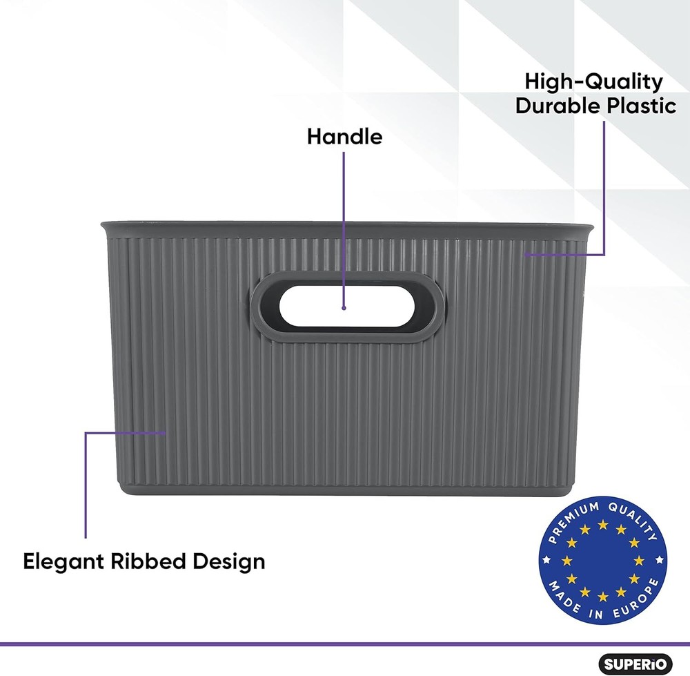 Superio 15L Medium Ribbed Storage Bin- Plastic Storage Bin (4 Pack, Grey)