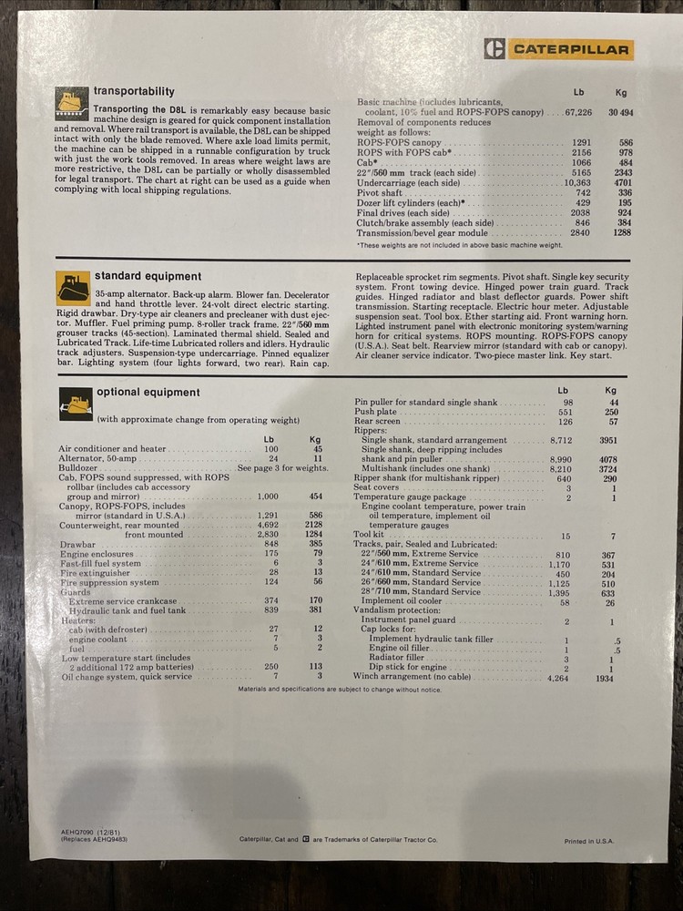 Caterpillar D8L Brochure ‘81