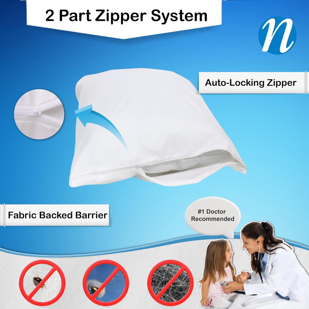 Premium 100% Cotton Zippered Pillow Protector - Queen Size - White - 300 Thread