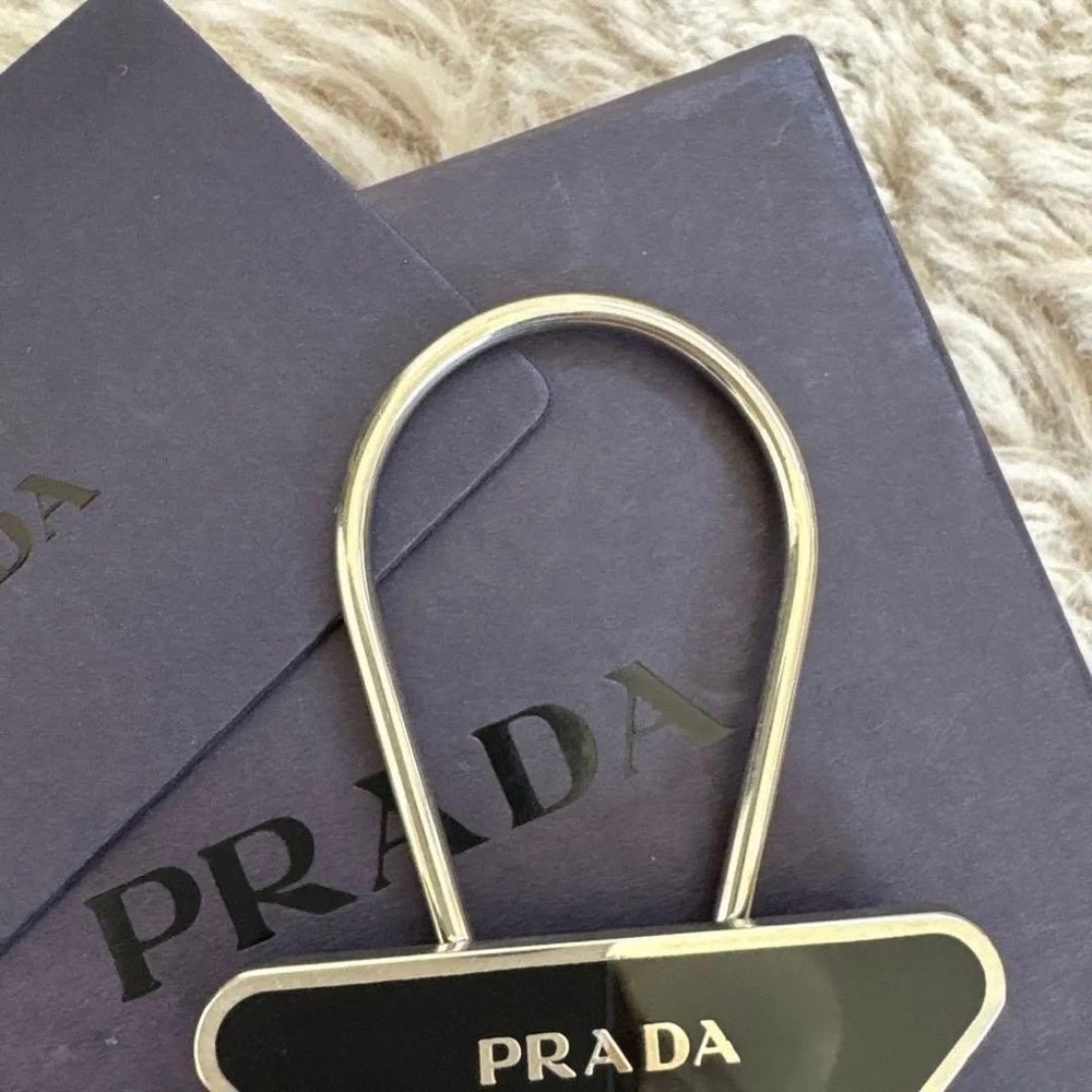 PRADA Triangle Metal Keychain Charm Black Silver