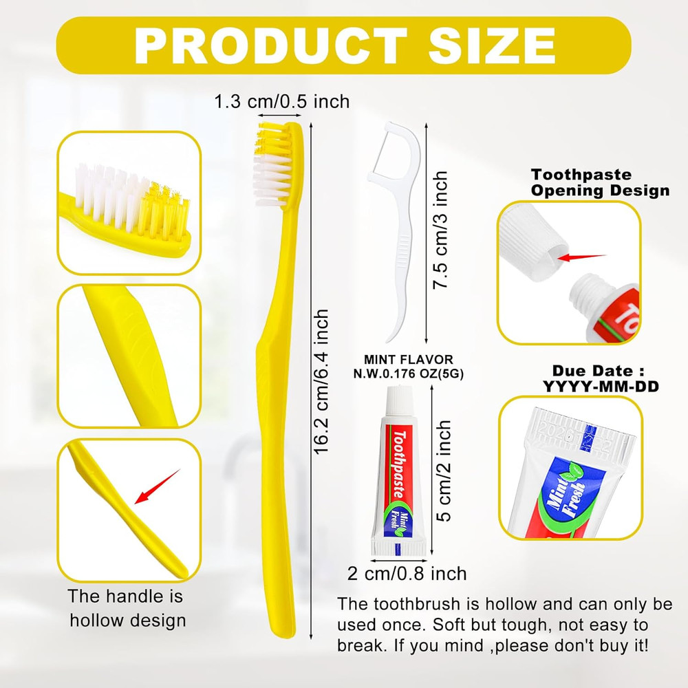 50 Pcs Disposable Toothbrushes with Toothpaste and Floss,Yellow Bulk Single Use