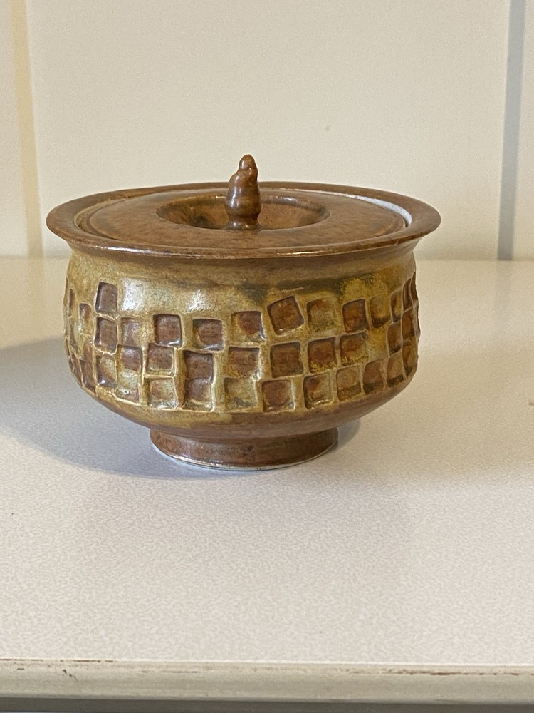Unique Art Pottery Stoneware Lidded Jar Brown Beige Neutral Rust Square Pattern
