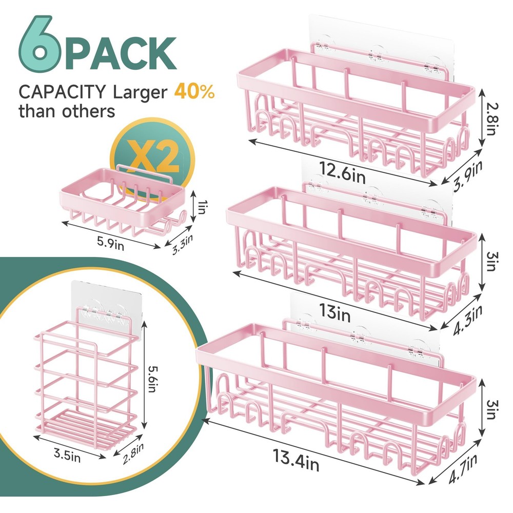 Large Capacity Shower Caddy 6-Pack, No Drilling & Rustproof, Adhesive Shower ...