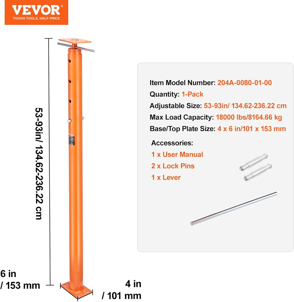 House Floor Jack, 53"-93" Height Range, 18000 Lbs Max Load Capacity, Adjustable