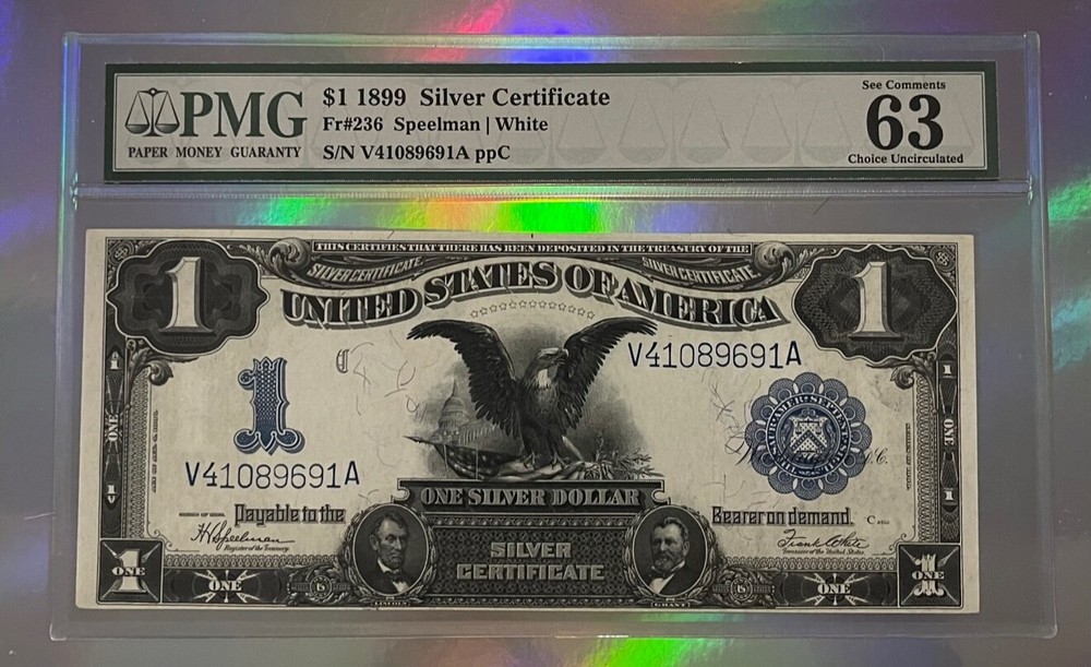 1899 PMG 63 1.00 SILVER CERTIFICATE BLACK EAGLE LARGE NOTE FR236 SPEELMAN WHITE