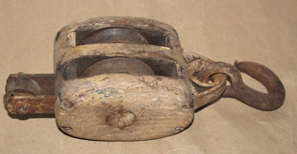Rustic Vintage Wood and Iron Claw Pulley