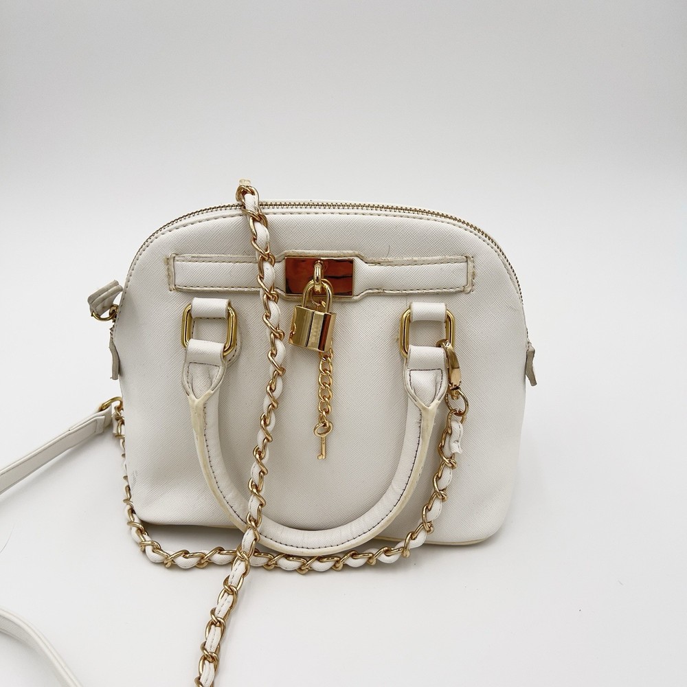 White Mini Top Handle Bag Gold Lock Chain Strap Crossbody.