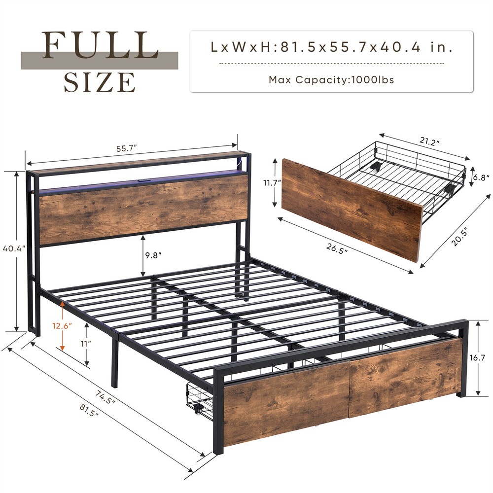 Full Size LED Bed Frame with Storage Headboard & 2 Drawers Metal Platform Bed