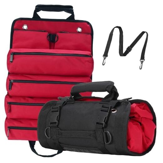Tool Roll Bag, Tool Bag Organizer, Tool Carrier Roll UP Storage Pouches Red