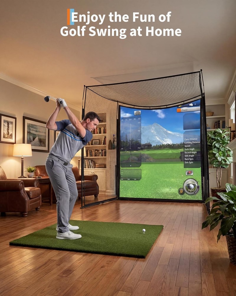 Golf Simulator Cage Net 10x8x5.7ft with Impact Screen, Enclosed Practice Net Set