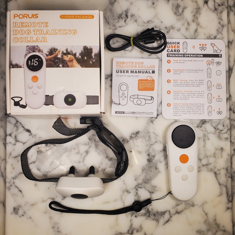 PORUIS Remote Dog Training Tool White Collar Vibrate Sound & Shock Function