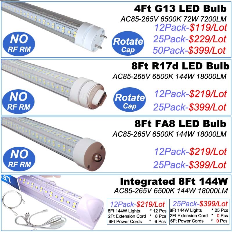 8FT LED Tube Light Bulbs HO Base T8 Rotatable 144W R17D 8 Foot LED Shop Light