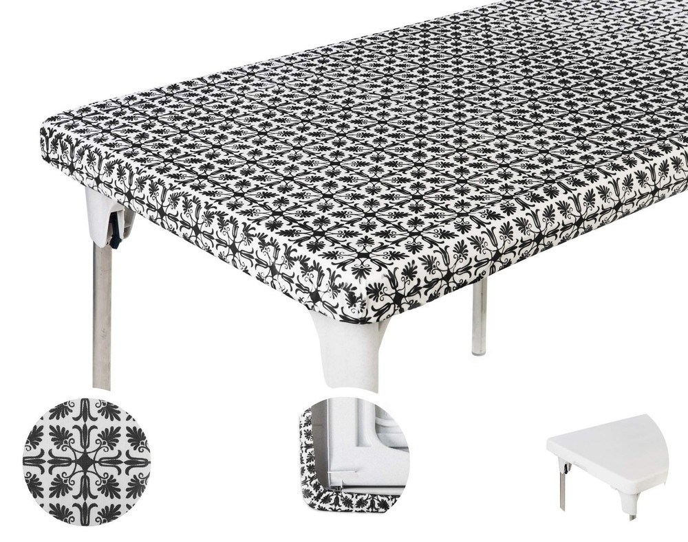 8ft 96 x 30 inch Black Patterned Plastic Rectangle Tablecloths Elastic Corner...