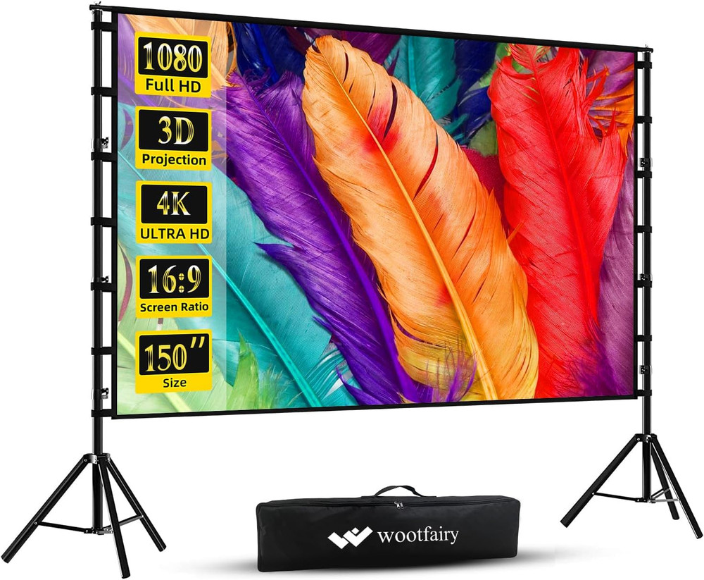 150" Portable Projector Screen with Stand - 4K HD, Foldable, Wrinkle-Free