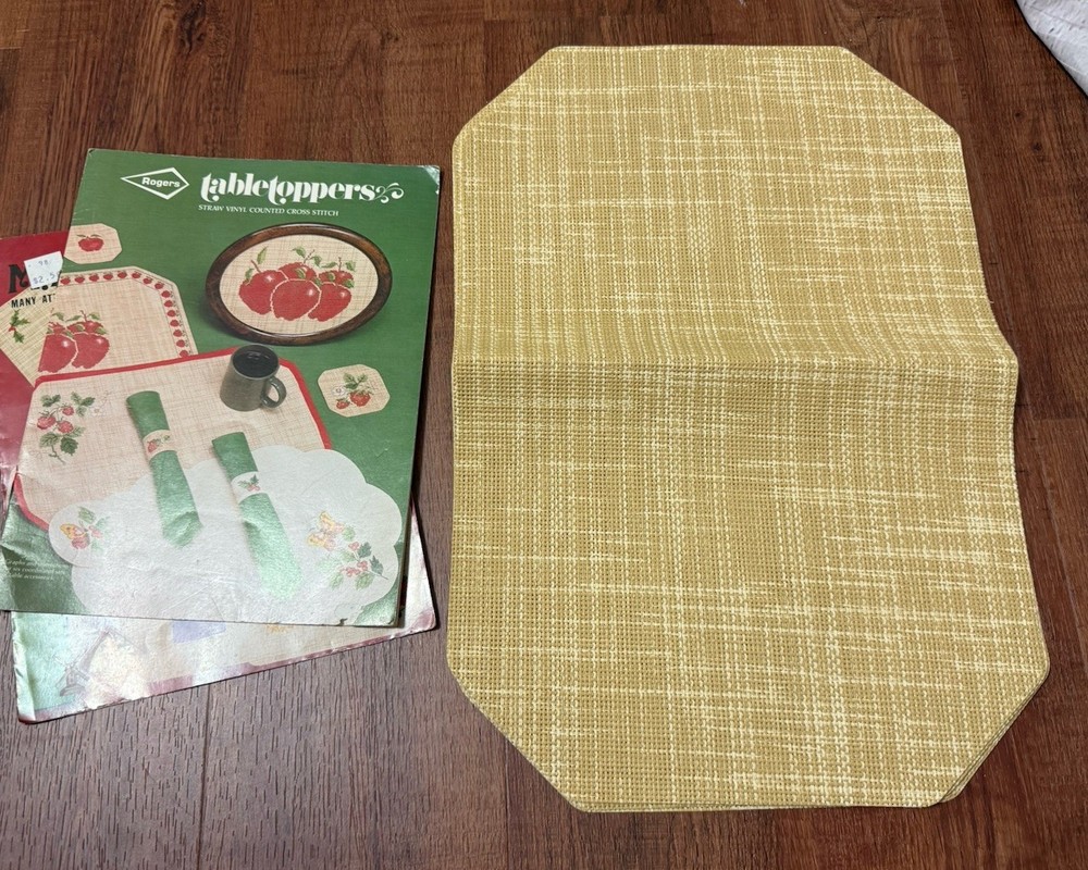 6 Plastic Canvas Needle Craft Needlepoint Place Mats Tan W/ Instruction Mags