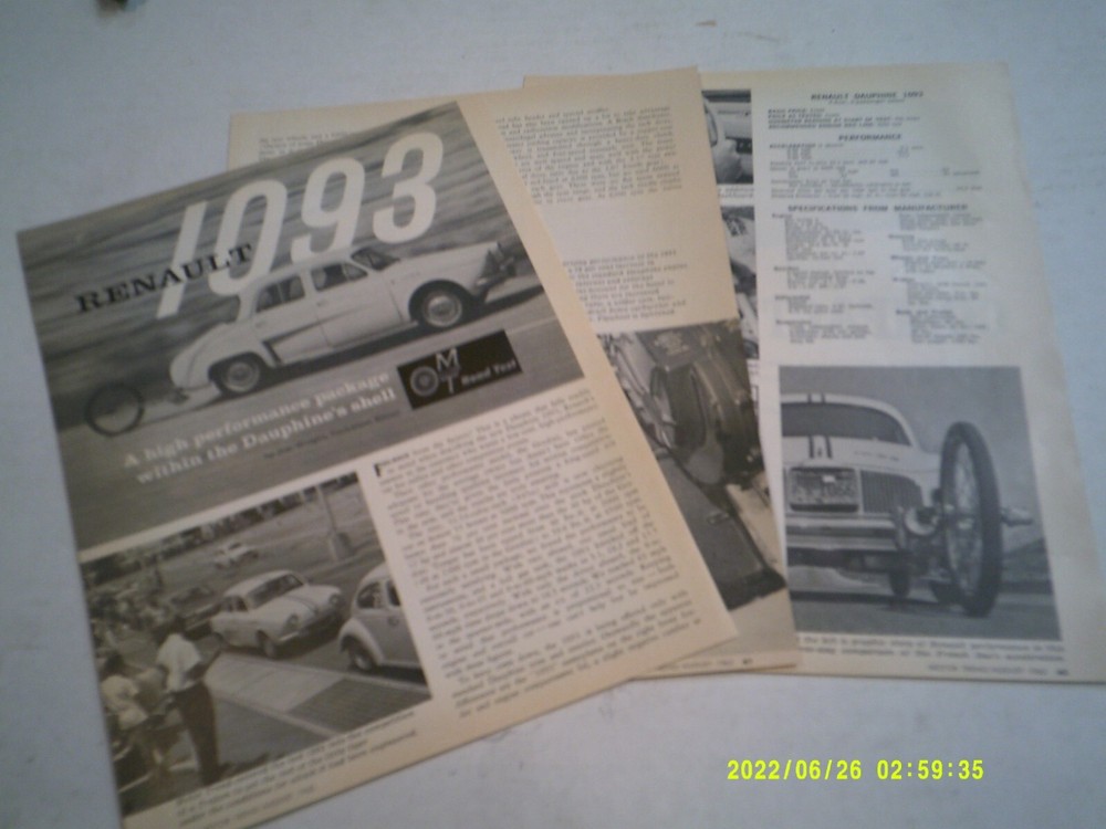 1962 RENAULT ORIGINAL 1ST LOOK ROAD TEST ARTICLE SPECS