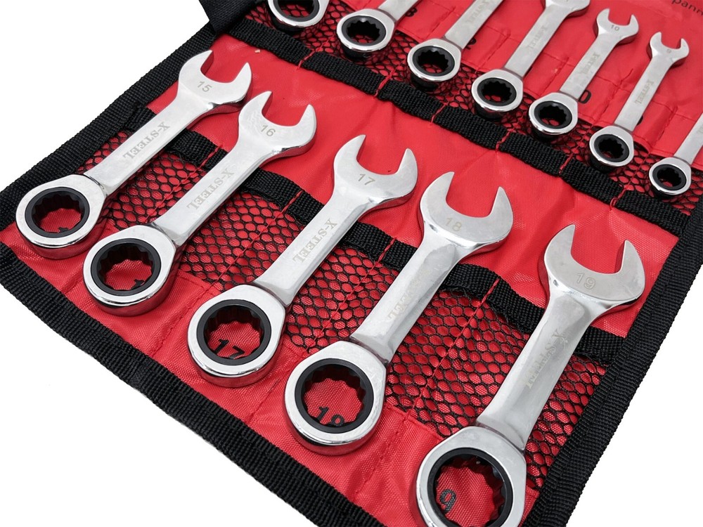 Expert Cr-V Chrome Stubby Ratchet Combination Ring Open Spanner 8-19mm 12pc Set