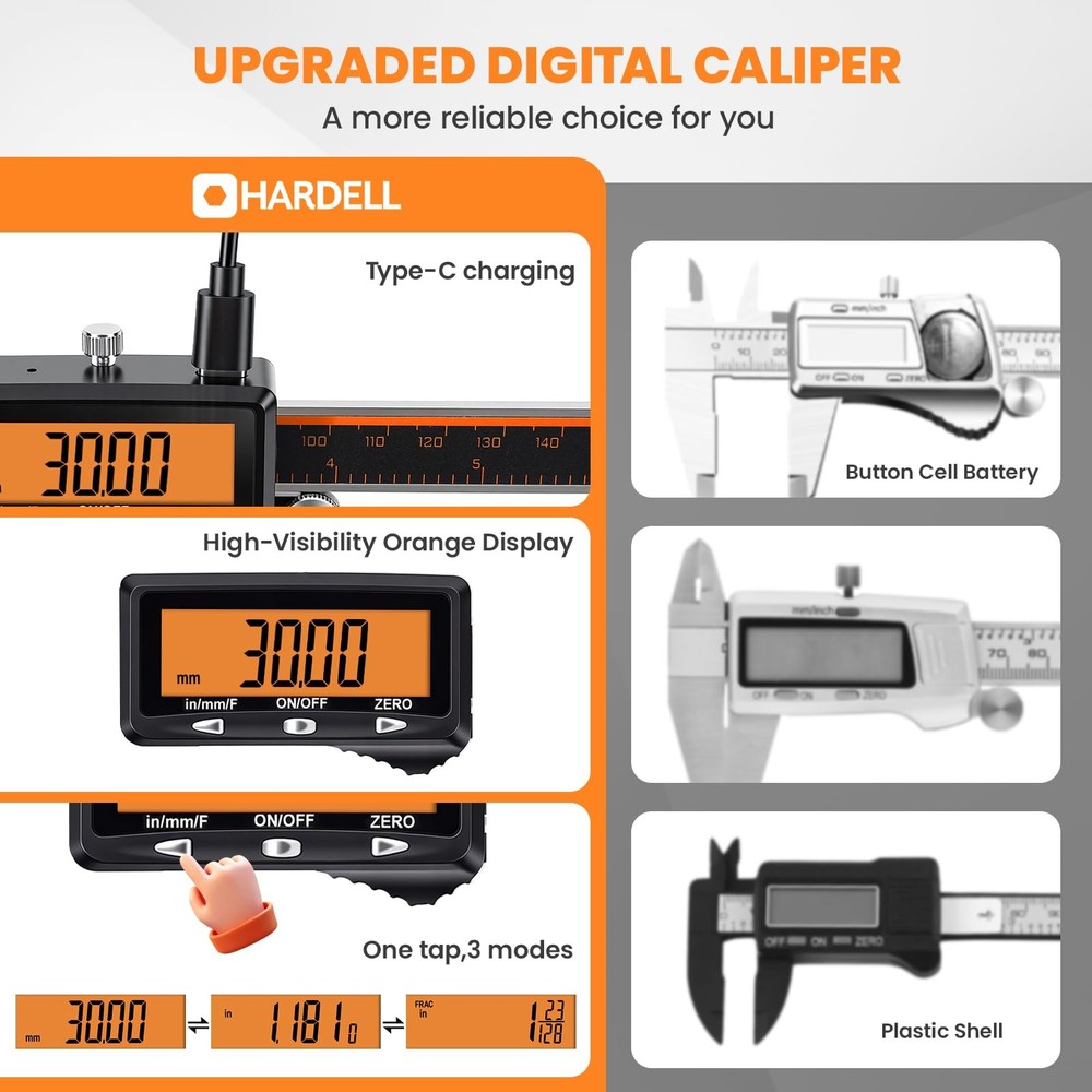 HARDELL Digital Caliper, Rechargeable Caliper Measuring Tool with Large Orang...