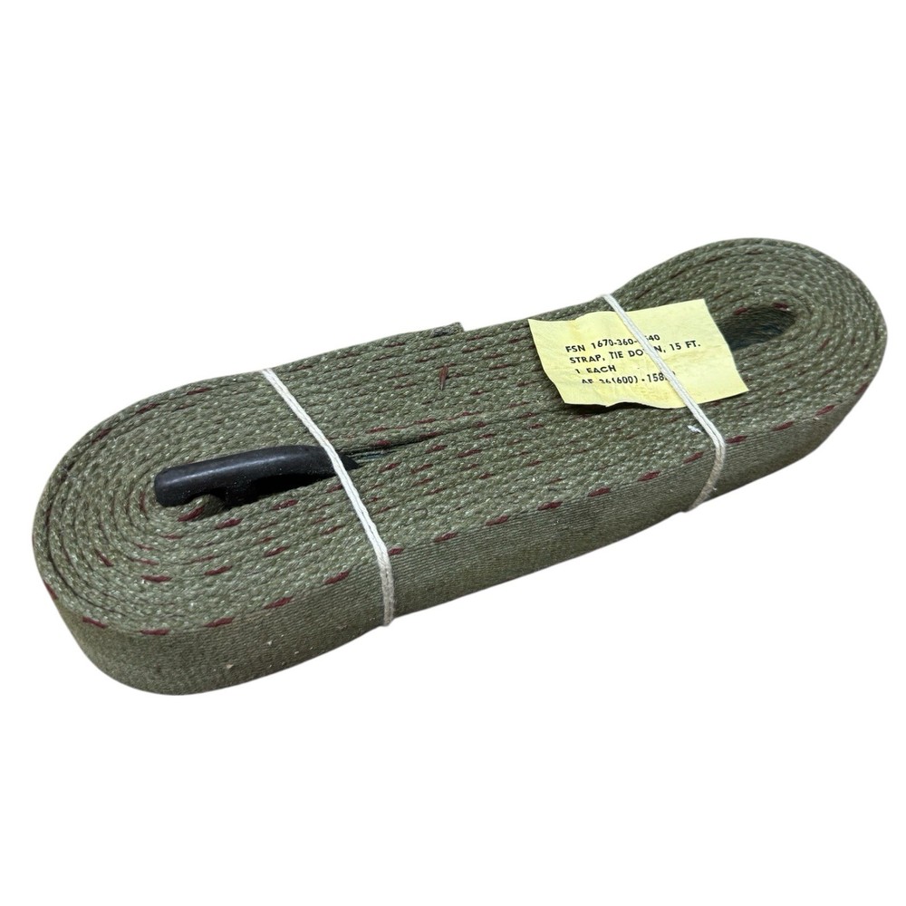 Military 15' Green Canvas Cargo Tie-Down Strap w/D-Ring NSN: 1670-00-360-0540