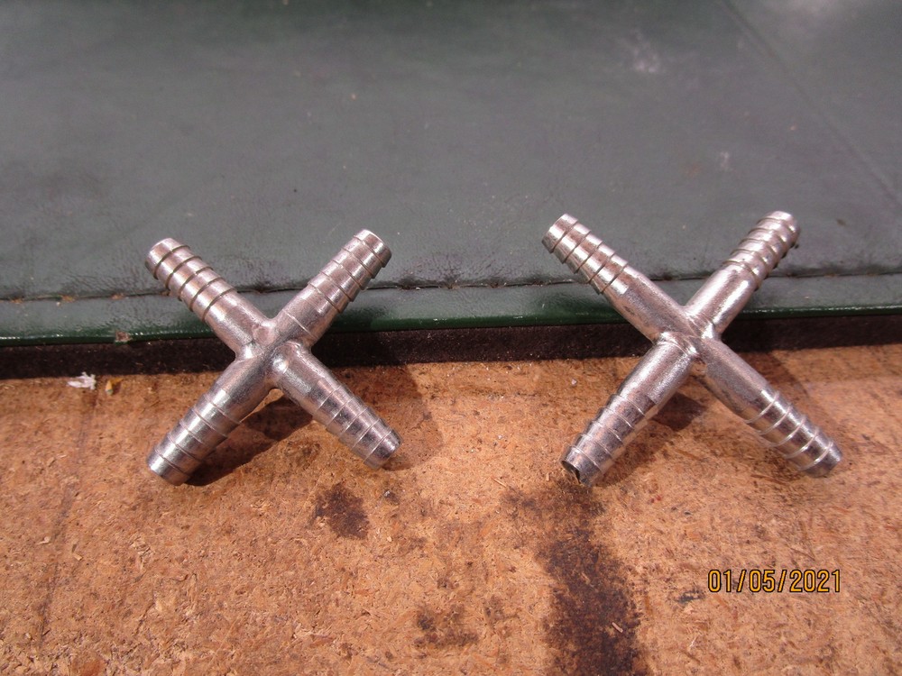 (2) Stainless Steel 1/4" 4 Way Barbed Tee