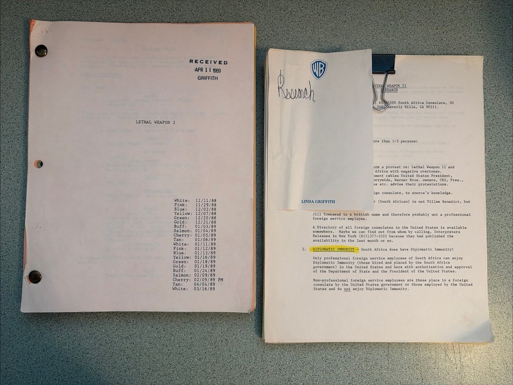 1989 LETHAL WEAPON 2 Movie Script + Production Notes Screenplay Shane Black