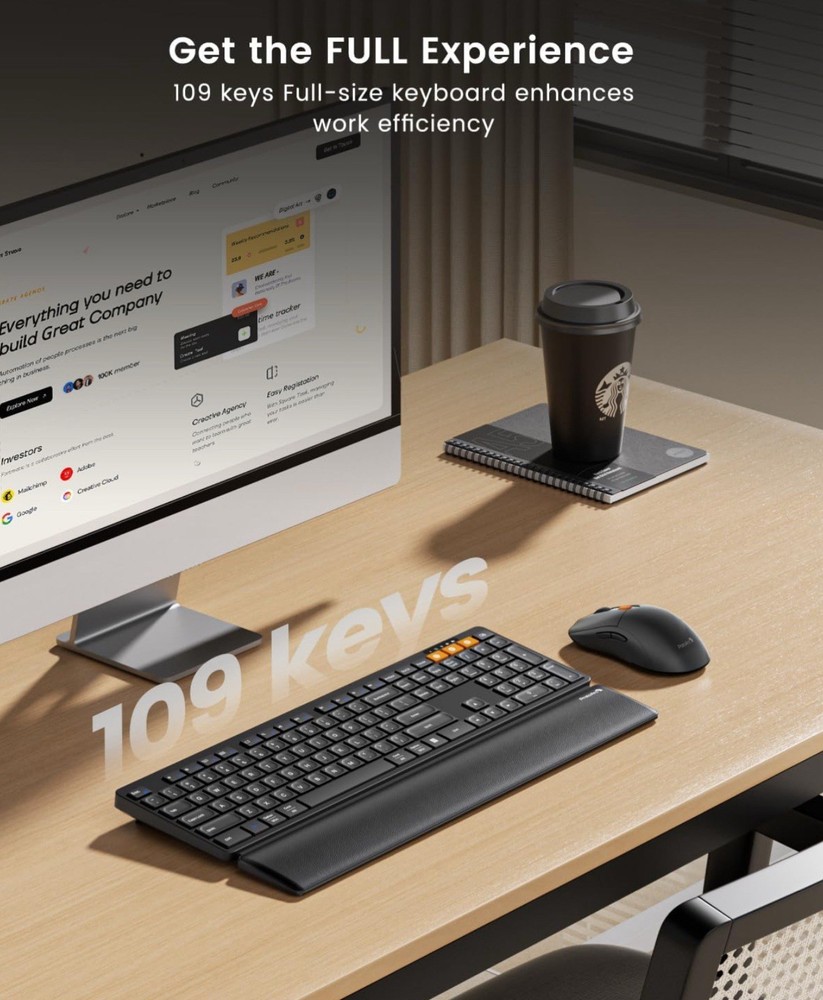 ProtoArc Wireless Keyboard and Mouse, KM60 Full-Size Bluetooth Keyboard Mouse