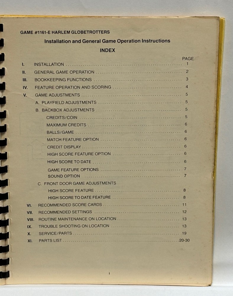 ORIGINAL-BALLY-HARLEM GLOBETROTTERS-INSTALLATION & OPERATIONS INSTRUCTIONS