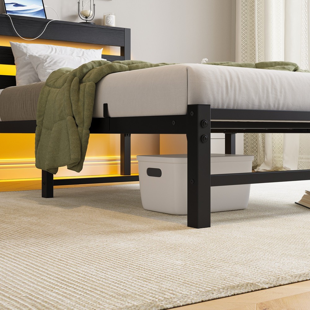 Twin Size Bed Frame Heavy Duty Platform Bed Frame with Headboard, USB Charging S