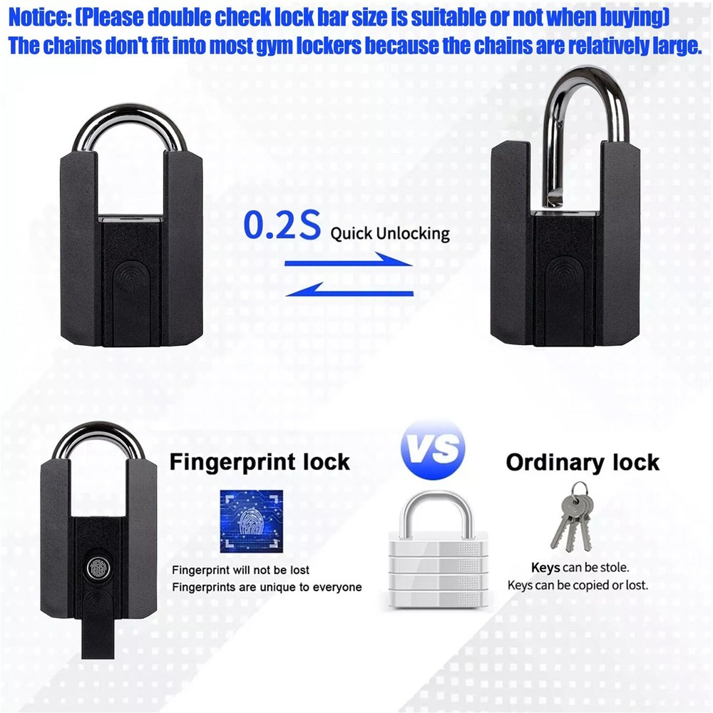 Smart Fingerprint Door Lock Keyless Padlock Security USB Rechargeable