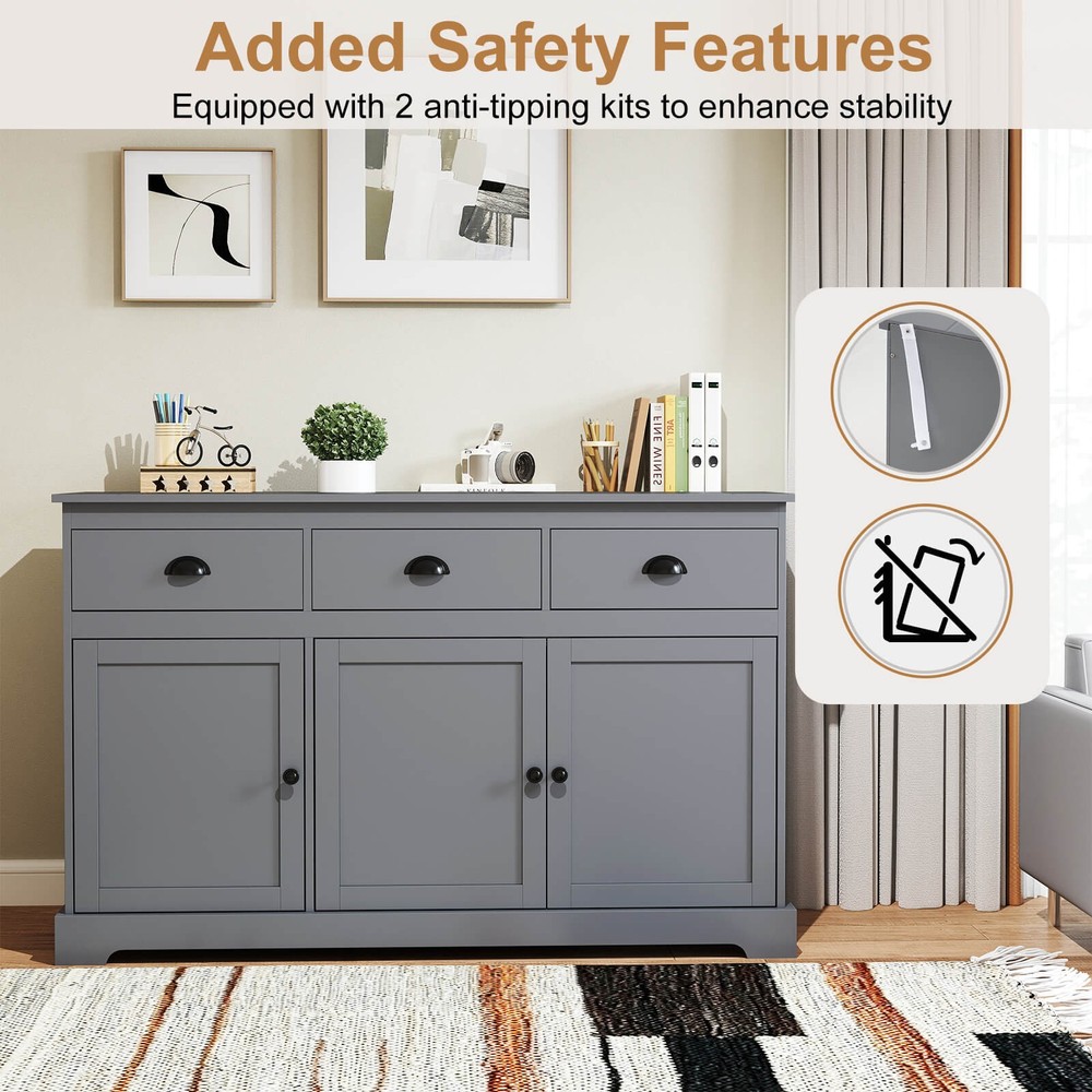 3 Drawers Sideboard Buffet Cabinet Console Table Kitchen Storage Cupboard Gray