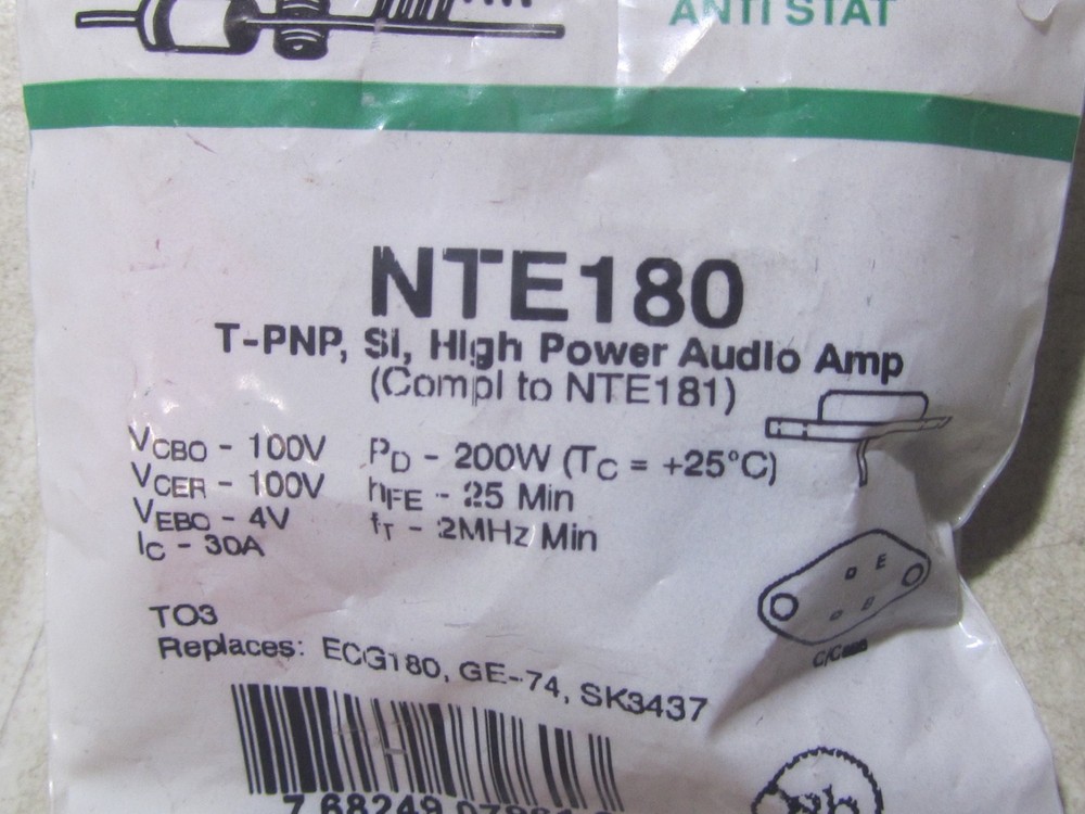 NTE Eletronics NTE180 Silicon Power Transistor High Power Audio Amplifier
