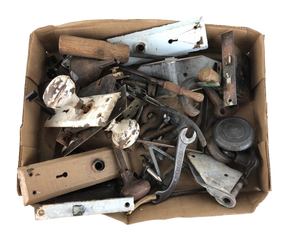 12 Pounds Mixed Miscellaneous Old Hardware Metal Stuff Locks Hooks Wheels Pulls