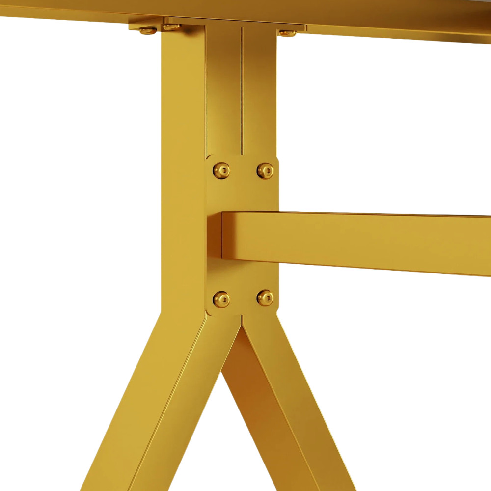 Rectangular dining table featuring a tempered glass tabletop a marble-patterne