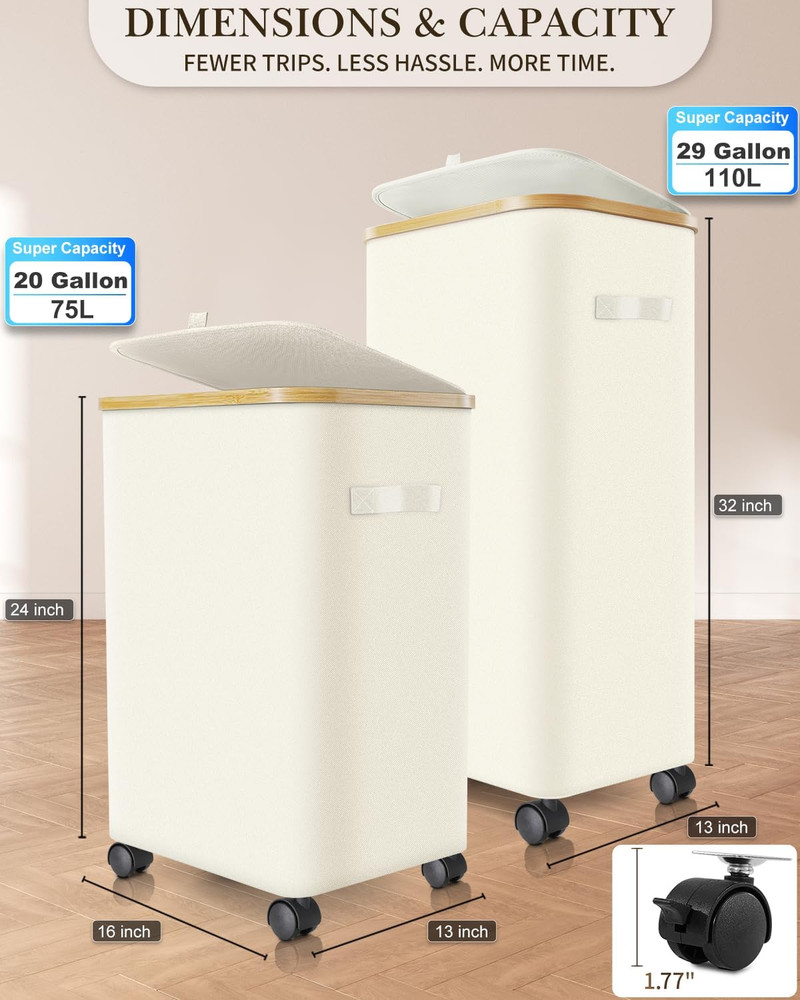 Laundry Hamper with Wheels, 110L Large Clothes Hamper with Removable Inner Bag,