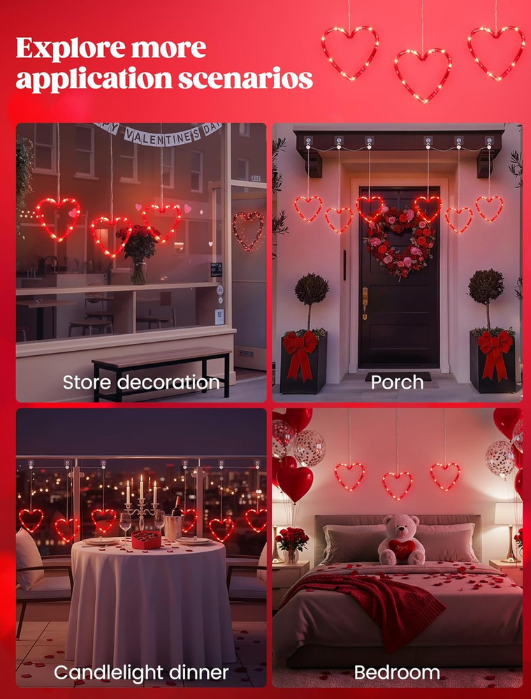 Valentine'S Day Decorations 30LED Red Heart Curtain String Lights Gift 3 Pack