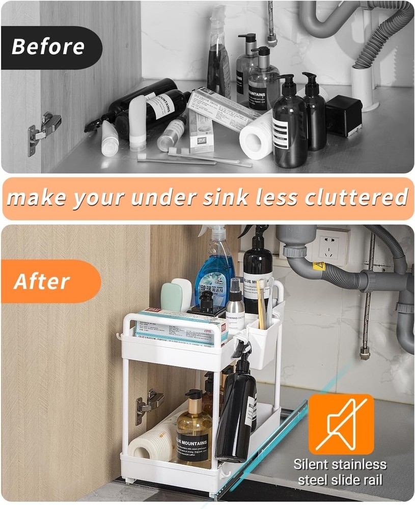 2 Tier Under Sink Organizers And Storage With Sliding Track Black/White