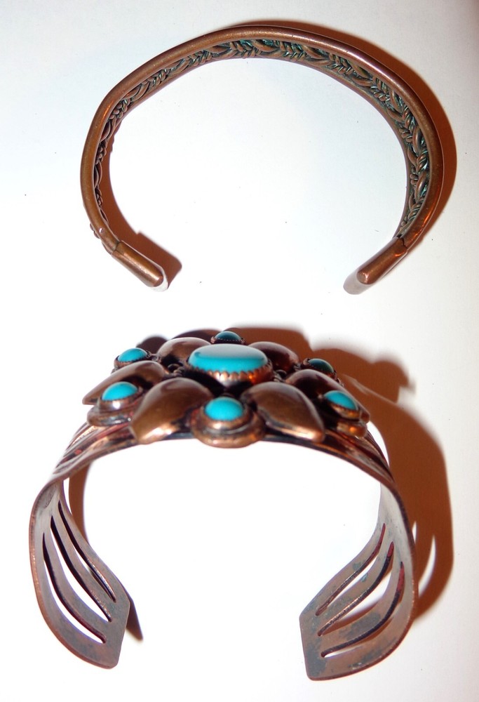 2 Vintage COPPER BRACELETS STATEMENT TURQUOISE?? BLUE STONES & NARROW BANGLE