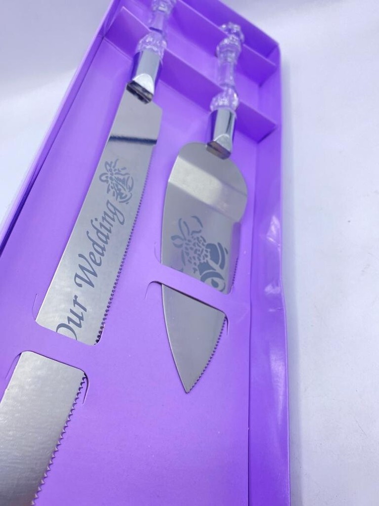 OUR WEDDING CAKE KNIFE AND SERVER SET EMBOSSED WITH BELL DESIGN - SILVER