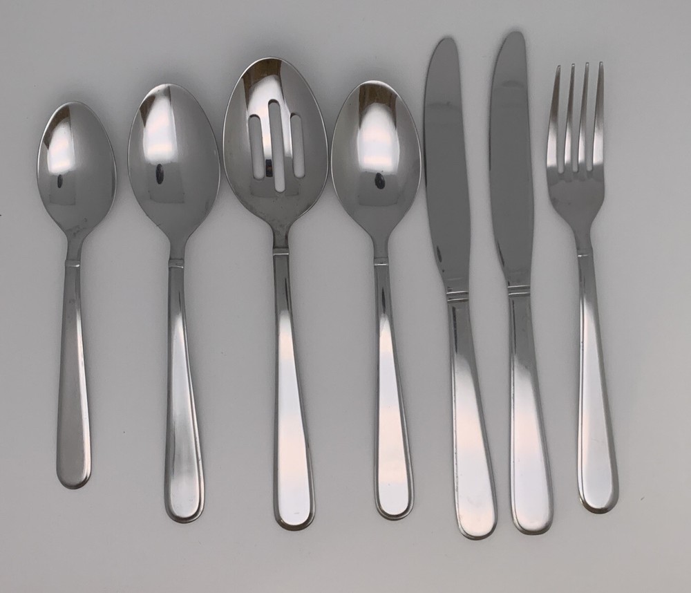 7 pc Cambridge ROSALIND Glossy Stainless Flatware Outlined Band Fork Knife Spoon