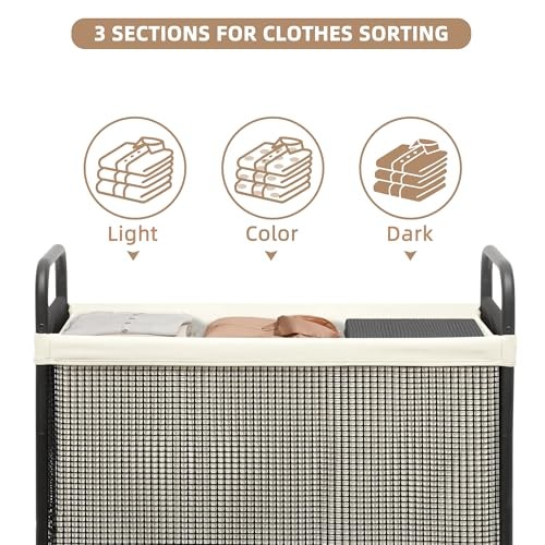 Rolling Laundry Hamper with Wheels Laundry Sorter Rolling 3-Section Beige