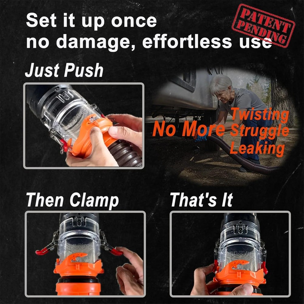 FULL SET RV Sewer Hose Connector – Patented Push-Lock + Clamp-Lock System, Leak-