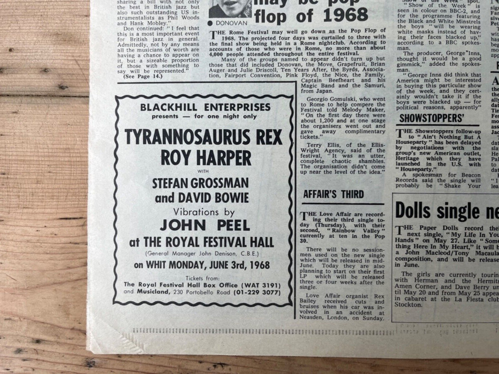 David Bowie - Melody Maker - May 1968 - Mime & T. Rex Appearance Ad