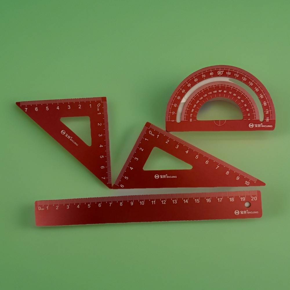 Triangle Ruler, Protractor, Square and Ruler Set, 4 Pieces Aluminum 15cm Red