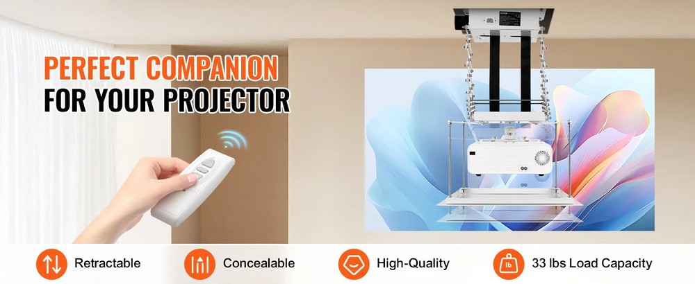 Motorized Projector Lift Hidden Projector Ceiling Mount w/ Remote &Wired Control