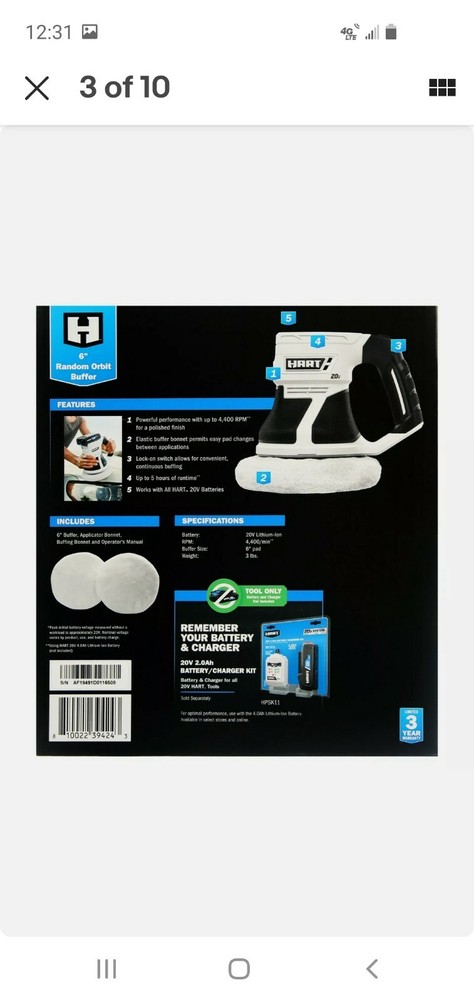 🔥Hart 6" Random Orbit Buffer Black and White TOOL ONLY (uses 20V Li-Ion HPBF33)