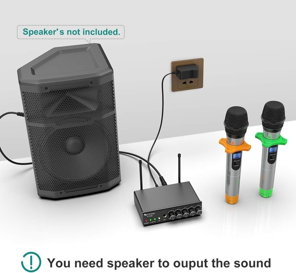 Easy-to-use Wireless Karaoke Microphone System - 2 Mics, 1 Receiver, Cables