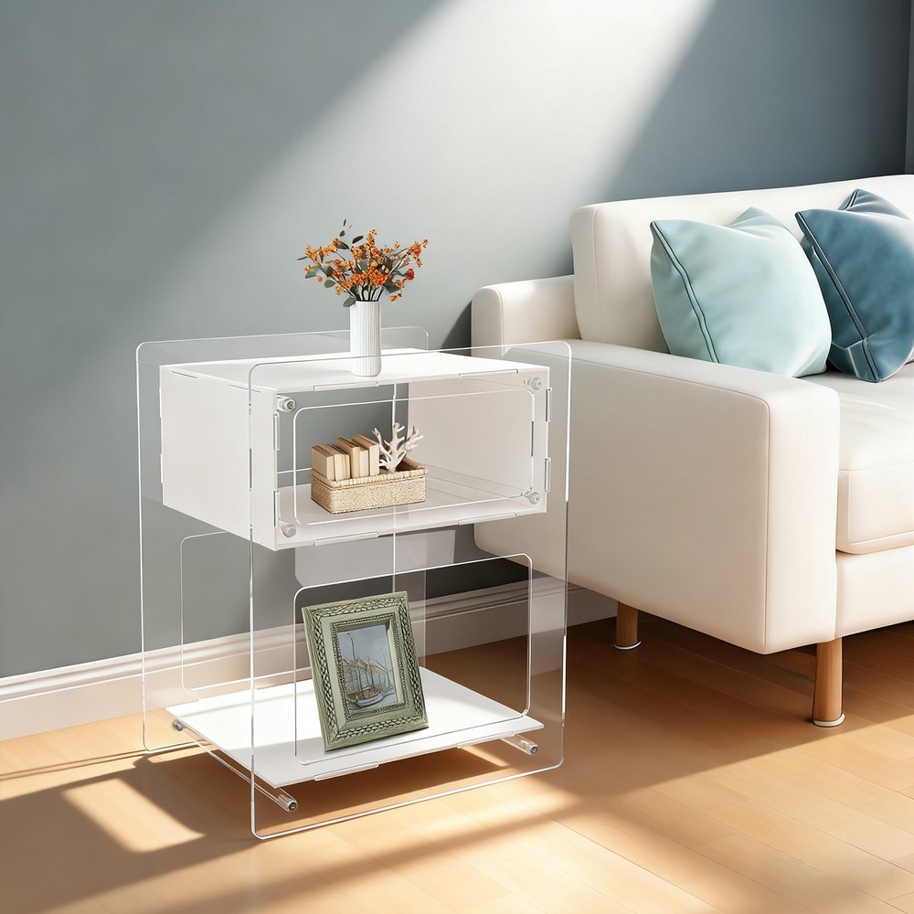 White Acrylic Side Table, Acrylic Nightstand, Rectangle Storage Shelf