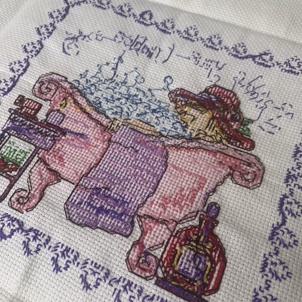 Completed Bubble Your Troubles Away Counted Cross Stitch + Pattern Imaginating