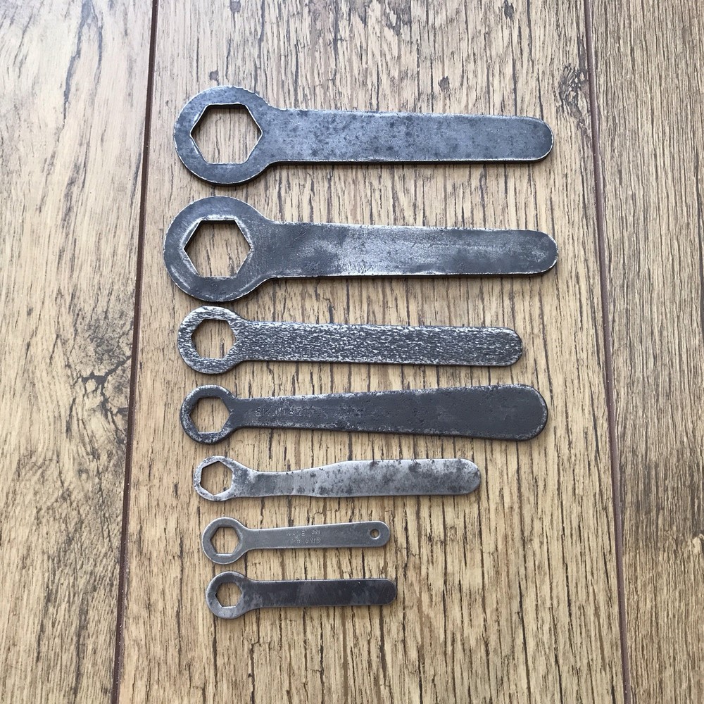 7 Vintage Flat Plate Ring Spanners Classic Motorcycles Tool Kit.